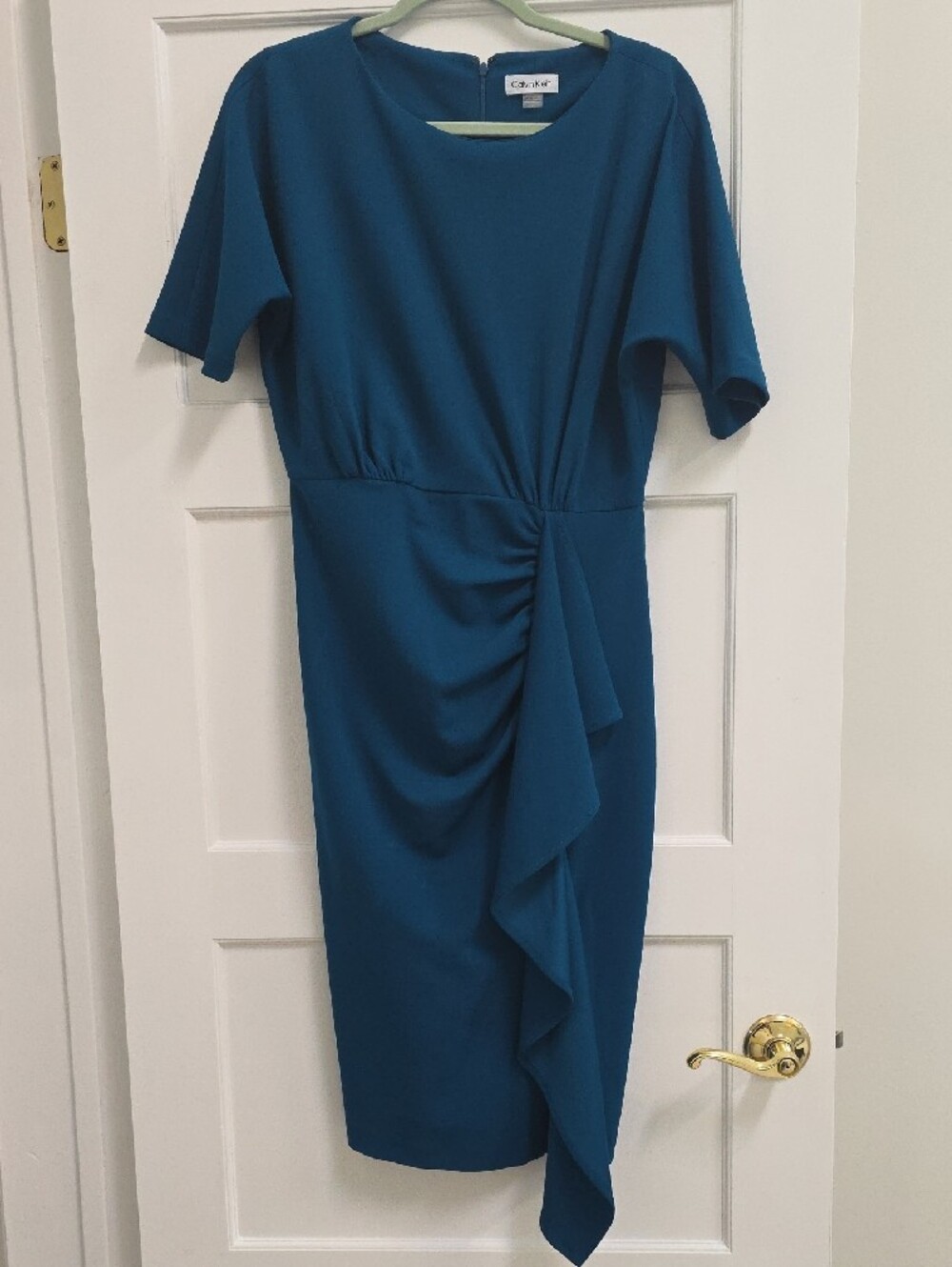 Calvin Klein Teal Midi Sheath Dress with Side Ruffle